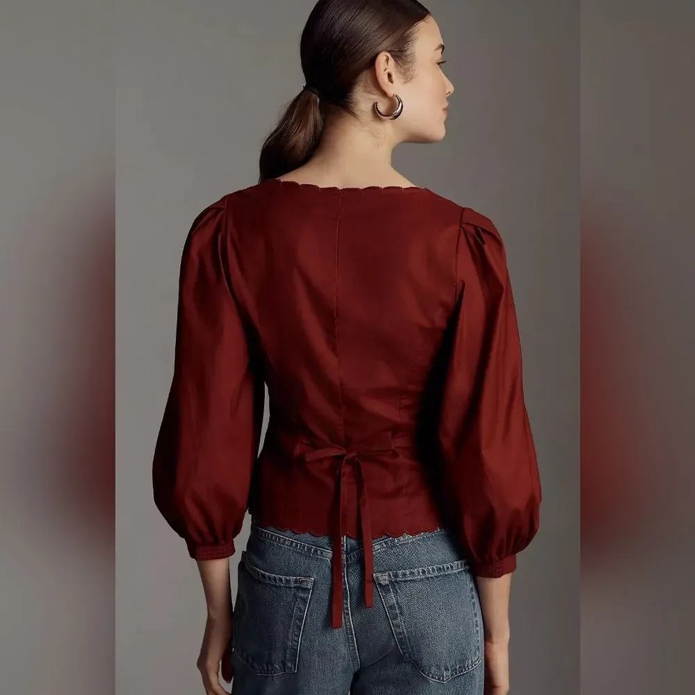 Reformation Elianna Burgundy Scalloped Button Blouse size 10